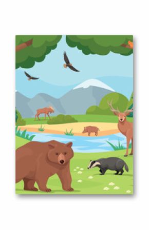 Forest animal landscape. Wild animals in woodland nature background, wildlife ecosystem natural fauna habitats wood land trees environment scene, cartoon neat vector illustration