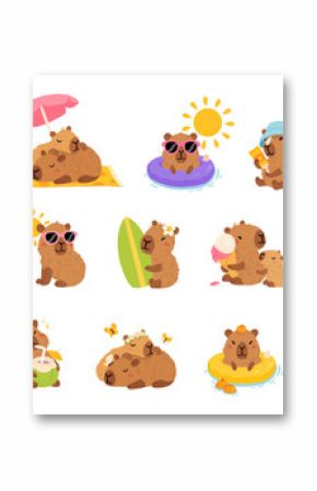 Set of cute summer capybaras in various poses and items. Hand drawn cartoon flat style. Vacation seasonal template for design, kids collection