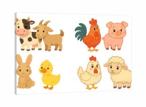 Farm animals gathering and playing together in a colorful illustration showcasing various characters and their friendly interactions