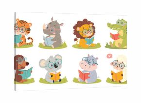 Vector illustration of a set of cute cartoon animals reading books on the grass. Funny animals with glasses reading books. 