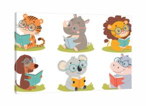 Vector illustration of a set of cute cartoon animals reading books on the grass. 