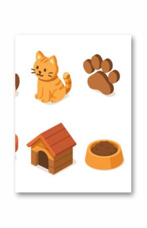 Isometric pet icons: dog, cat, paw, bone, collar, house, bowl, mouse