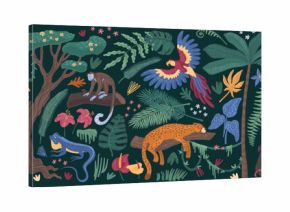 Jungle animals. Tropic toucan bird, cute nature parrot, safari zoo. Monkey, snake and jaguar. Pattern exotic palm and liana background. Rainforest art. Vector cartoon illustration