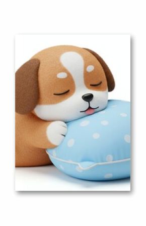 Cute cartoon dog figurine sleeping on a blue pillow