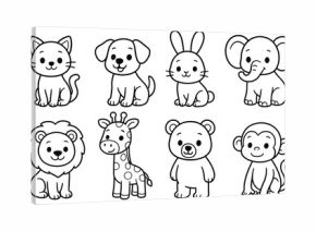 Set of black and white cartoon animals including cat, dog, rabbit, elephant, lion, giraffe, bear, and monkey. Line art outline illustration of cute zoo and pet animals for children