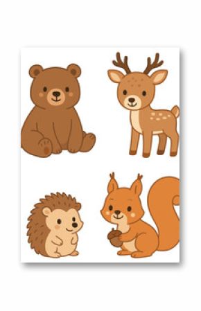 Set of cartoon forest animals including fox, bear, deer, raccoon, owl, hedgehog, squirrel, and wolf. Cute stylized vector illustration of woodland creatures