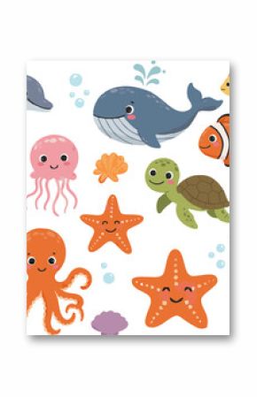 Cute cartoon sea animals like fish, octopus, and sharks form a seamless vector pattern perfect for an ocean-themed collection