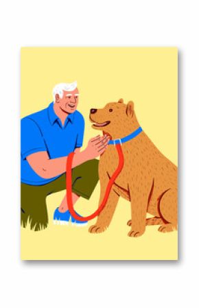 Illustration of a senior man kneeling and affectionately interacting with a dog outdoors