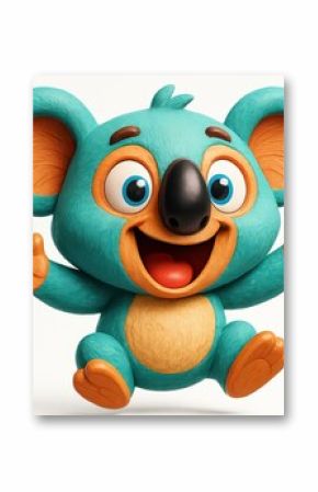 Cheerful cartoon koala illustration with turquoise fur orange accents and a big smile on white