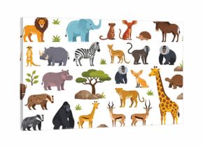 Diverse collection of illustrated African safari animals, including lion and giraffe