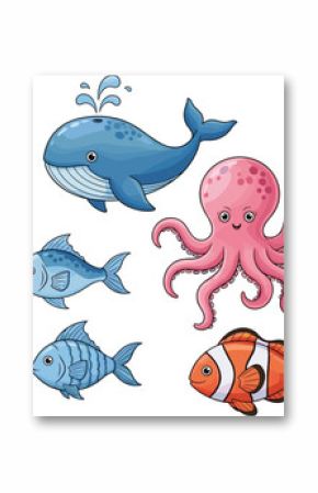 Collection of aquatic cartoon animals on white background. Sea life, marine animals, underwater, ocean creatures, illustration, kids, cute, playful.