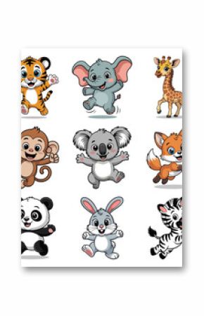 Happy cartoon animals jumping with joy tiger elephant