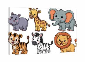 Collection of cute cartoon baby safari animals like a lion, tiger, and elephant