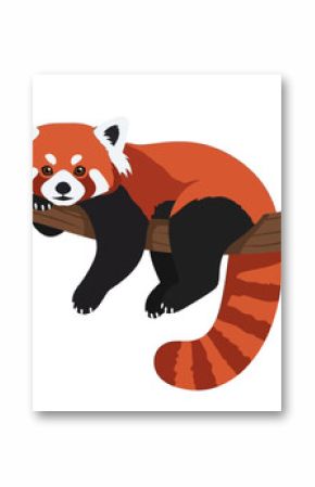 Red panda illustration. Adorable cartoon red panda resting on a tree branch with detailed fur pattern, vibrant colors, and playful expression. Wildlife and nature concept. Vector art.