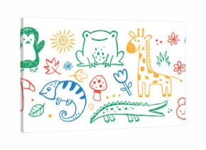 Set of cute animals with organic texture of crayon, chalk or pastel . Bear, giraffe, dear, bunny. Color vector illustration on a white background.