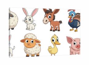 Set of cartoon farm animals including dog, sheep, pig, chicken, rabbit, turkey, and cowboy character, cute vector illustrations for children and education