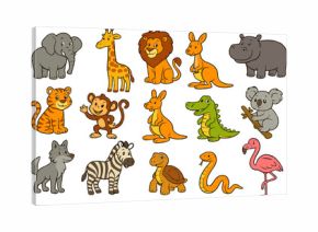 Cute cartoon zoo animals set. Big collection of funny wildlife characters. Jungle and safari animals like lion, tiger, elephant, giraffe, monkey, zebra for kids design. Vector illustration.