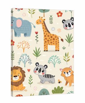 A seamless pattern vector illustration set featuring a cute and funny cartoon collection of baby zoo animals including a dog, cat, lion, elephant, giraffe, rabbit, tiger, cow, and bear