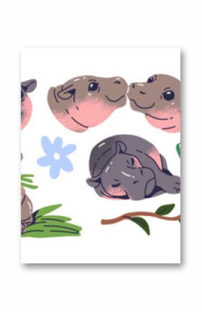 Cute baby hippo set. Funny pygmy hippopotamus has fun, sleeps, eats watermelon. Happy plump African animal swims in water, walks, relaxes. Flat isolated vector illustrations on white background