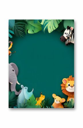 Cute cartoon safari animal frame border on background for kids.