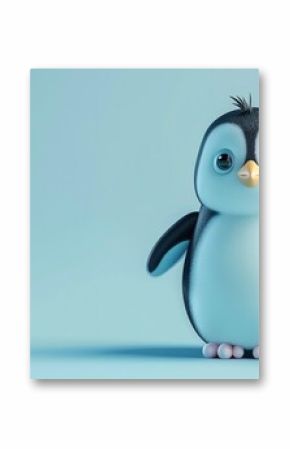 A cartoon penguin with a blue gift box on a blue background.