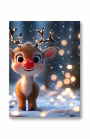 Cute cartoon reindeer standing in a snowy landscape with festive lights in the background.