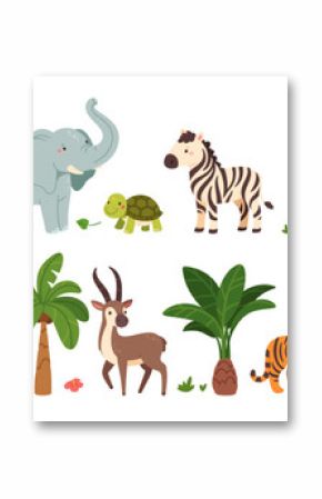 Jungle animals. Cute safari wild mammals. Funny exotic mammal, bird and reptile. Elephant, parrot, lion, crocodile, turtle and palm tree. Kids vector set