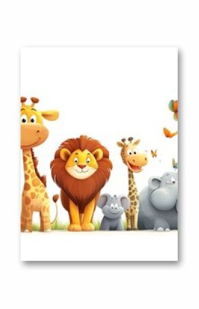Set of African wild animals in cartoon style, including elephants, zebras, and lions, isolated on white