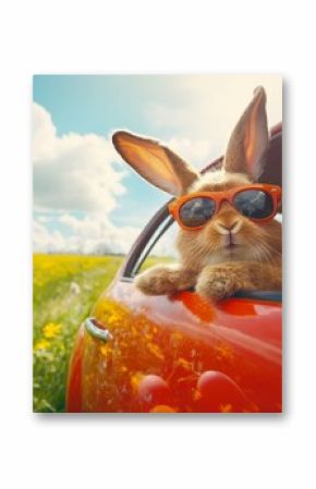 Adorable easter bunny in sunglasses peeking from a car filled with colorful easter eggs