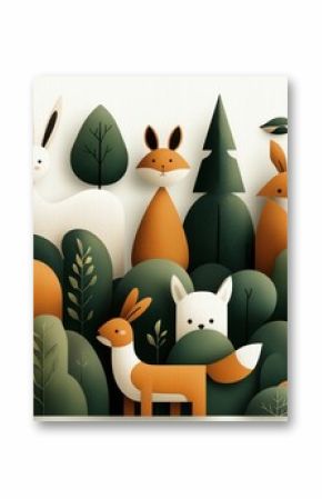 Whimsical illustration of forest animals including foxes, rabbits, and trees in a stylized, geometric style with earthy colors.