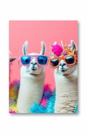 Creative animal concept. Group of lama in funky Wacky wild mismatch colourful outfits on bright background advertisement, copy space. birthday party invite invitation banner 