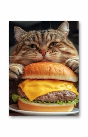 A humorous image of a fluffy orange cat holding a large cheeseburger with lettuce, tomato, and cheese in its paws..