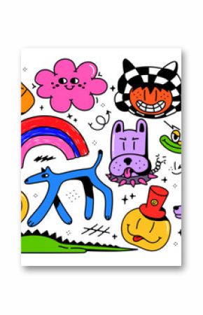 Abstract acid cartoon doodle colorful characters. In psychedelic style, funny stickers, checkerboard texture. Isolated on white background