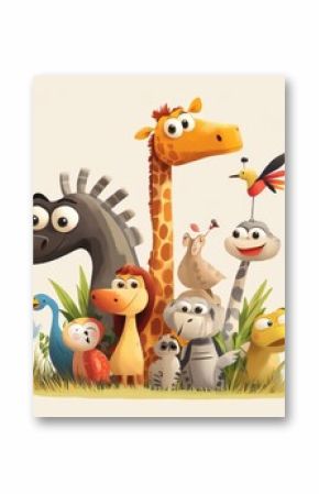 A Group Of Cartoon Animals Standing Together In Grass