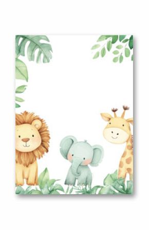 Watercolor illustration of cute forest animals with leaves and flowers on a white background.
