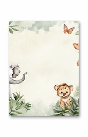Watercolor safari animal frame for creative backgrounds, vibrant and fun.  