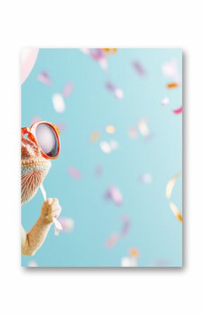 Funny chameleon wearing sunglasses holding happy birthday balloons and confetti explosion flying around greeting card on blue background with copy space.