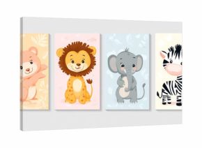 Cute cartoon animals set - bear lion elephant zebra on colorful backgrounds