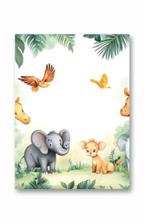 Cute cartoon safari zoo with animal frame border on background in watercolor style.