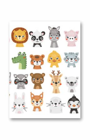 Cute animals set isolated, cute forest, safari, polar, farm animals, kids vector cartoon