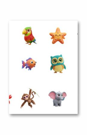 Animals, birds and fish. 3d render cartoon icon set. Owl, woodpecker, toucan, parrot, elephant, tiger, monkey, crab, jellyfish, starfish, shark