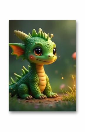 Small cute green dragon in grass surrounded by flowers and lights. Spring or summer. Funny cartoon dinosaur illustration with big eyes, tail. Sweet cheerful animal character for kids designs.