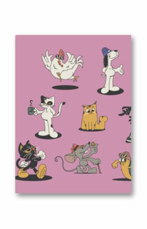 set of retro animal mascot cartoon characters, vector illustration