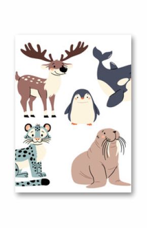 Vector set of flat vector illustrations in a simple children's style. Cute animals of the north pole. Polar bear walrus walrus penguin snow leopard seal orca polar owl narwhal. Vector illustration
