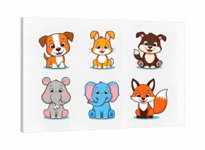 Adorable Cartoon Animals: A delightful collection of charming cartoon animals including a playful puppy, a cheerful rabbit, a charming fox, and other endearing creatures, all designed in a vibrant.