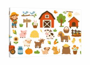 A farm scene with a sign that says "Farm" in the foreground. There are several farm animals, including a horse, a cow, and a chicken. A tractor is also present in the scene