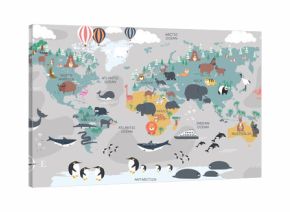 The world map with cartoon animals for kids, nature, discovery and continent name, ocean name, countries name. vector Illustration.