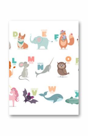 English alphabet with cute cartoon animals for kids education. Letter with a funny animal.