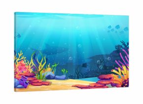 Coral reef underwater world with marine animals silhouettes and algae seaweeds, sea bottom cartoon background. Vector undersea plants, aquarium with seafloor, marine wildlife scenery on depth