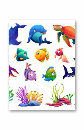 Animals of ocean, corals and algae, set isolated cartoon icons. Vector dolphin and shark, whale and fish, turtle and jellyfish. Childish seabed sea bottom creatures, marine underwater plants
